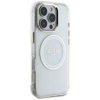 Guess IML Metal Colored Circle Classic Logo Magnētiskais viedtālruņa apvalks iPhone 16 Pro - balts