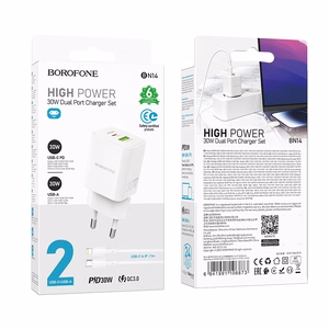Borofone Sienas lādētājs BN14 Royal GaN - USB + Type C - QC 3.0 PD 30W ar Type C uz Lightning kabeli balts