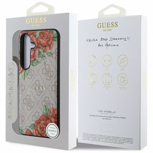 Guess ādas 4G ziedu raksta metāla klasiskais logotips magnētiskais viedtālruņa apvalks Samsung Galaxy S25 - rozā