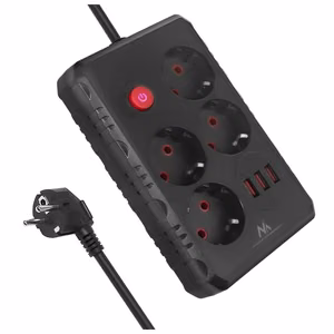Maclean MCE392 B – pagarinātājs ar kontaktligzdām, 4 kontaktligzdas + 3×USB, 110–240 V AC, 50/60 Hz, 2,1 A, līdz 2500 W, 1,5 m, melns