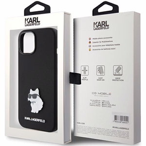 Karl Lagerfeld silikona Choupette Metal Pin viedtālruņa apvalks iPhone 15 Plus / 14 Plus - melns