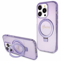 Guess Magnētiskā viedtālruņa apvalks ar gredzena statīvu Script Glitter MagSafe iPhone 13 Pro Max - violeta