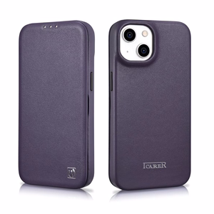 iCarer CE Premium ādas folio viedtālruņa apvalks iPhone 14 Plus magnētiskais atveramais ādas folio apvalks MagSafe tumši violeta