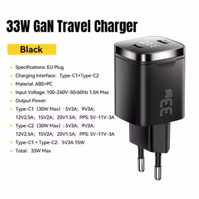 Lādētājs Essager "Display" melns 33W (2xPD) ar LED displeju