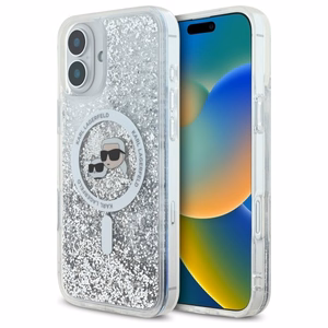 Karl Lagerfeld Liquid Glitter Karl&Choupette Head Magnētiskais viedtālruņa apvalks iPhone 16 - caurspīdīgs