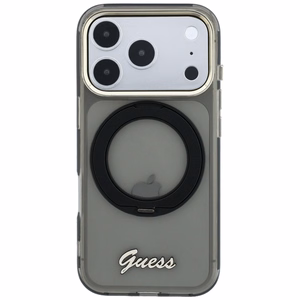 Guess IML Ring Stand 360 Script Metal Logo MagSafe maciņš modelim iPhone 17 Pro / 18 Pro – melns