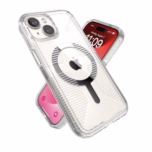 Speck GemShell Grip MagSafe vāciņš ierīcei iPhone 17e / 16e / 15 / 14 / 13, caurspīdīgs, ar hroma apdari