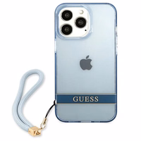 Guess GUHCP13LHTSGSB iPhone 13 Pro / 13 6.1 viedtālruņa apvalks, zils, ciets, daļēji caurspīdīgs ar siksniņu