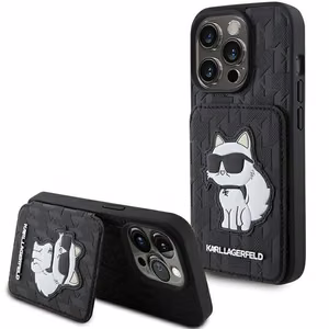 Karl Lagerfeld Saffiano karšu slotiņas un statīvs monogramma Choupette apvalks iPhone 15 Pro - melns