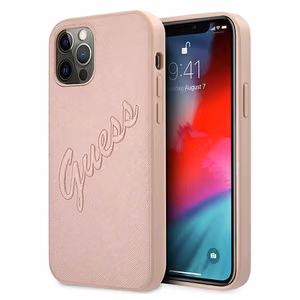 Guess GUHCP12LRSAVSRG iPhone 12 Pro Max 6.7 rozā kietais apvalks viedtālrunim Saffiano Vintage Script