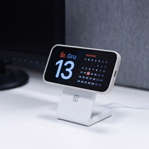 Crong MagSpot Stand 2 vienā bezvadu lādētājs iPhone un AirPods ierīcēm, saderīgs ar MagSafe, balts