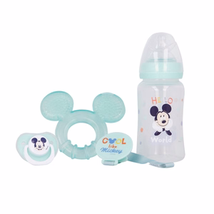 Mickey Mouse Cool zīdaiņa komplekts: 240 ml pudelīte ar knupīti, anatomisks māneklītis, zobgrauznis un māneklīša turētājs