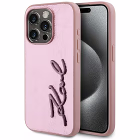 Karl Lagerfeld Wrinkled Metal Signature viedtālruņa apvalks iPhone 15 Pro - rozā