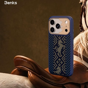 Zils Benks Magnetic Armor Pro Knight kevlara vāciņš ar metāla rāmi (C.K.FL.AP.GD.BC73), paredzēts iPhone 18 Pro Max / iPhone 17 Pro Max ar Camera Control pogu
