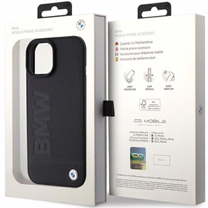 BMW Magnētiskais Ādas Hot Stamp viedtālruņa apvalks iPhone 15 Plus - melns