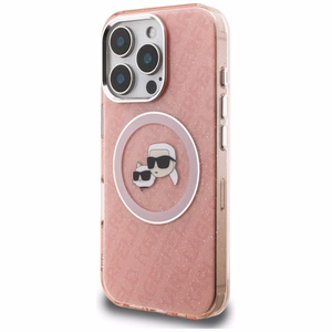 Karl Lagerfeld IML Glitter Karl & Choupette Heads Logo MagSafe maciņš iPhone 16 Pro - rozā