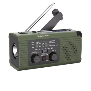 Kruger&Matz pārnēsājamais saules enerģijas avārijas radio ar SOS, 5000 mAh ārējo akumulatoru, lukturīti un dinamo