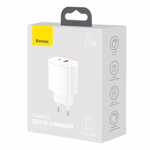 Baseus kompaktais lādētājs USB / USB Type-C 20W 3A Power Delivery Quick Charge 3.0 balts (CCXJ-B02)