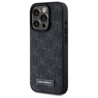 Karl Lagerfeld Ādas monogramma Metāla logotips Magnētiskais viedtālruņa apvalks iPhone 15 Pro - melns