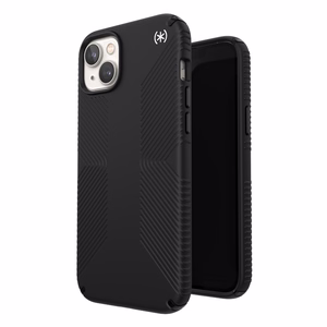 Speck Presidio2 Grip vāciņš ierīcei iPhone 15 Plus / 14 Plus, ar neslīdošu satvērienu, “Black / Black / White” krāsu kombinācija