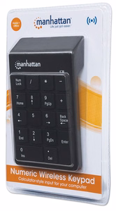 Manhattan bezvadu ciparų tastatūra (2.4GHz), USB-A mikro uztvērējs, 18 pilna izmēra taustiņi, melna, membrānas taustiņi, automātiskā jaudas pārvaldība, darbības rādiuss 10m, AAA baterija (iekļauta), Windows un Mac, triju gadu garantija