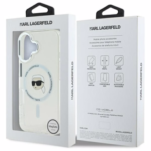 Karl Lagerfeld IML Metal Karl Head Magnētiskais iPhone 16 Plus viedtālruņa apvalks - balts