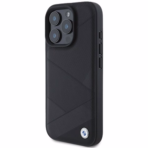 BMW Signature Ādas Apvalks ar Līniju Rakstu iPhone 16 Pro - Melns