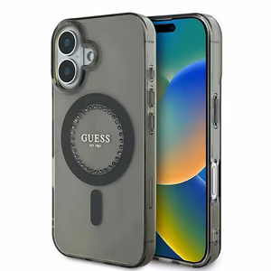 Guess IML Rhinestones Magnētiskais viedtālruņa apvalks iPhone 16 - melns