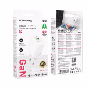 Borofone Lādētājs BN29 USB + Type C - QC 3.0 PD 30W ar Type C uz Lightning kabeli balts