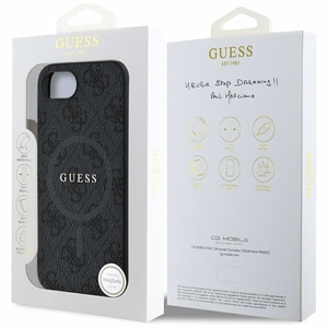 Guess PU ādas 4G krāsains gredzena apvalks ar MagSafe iPhone 16e - melns