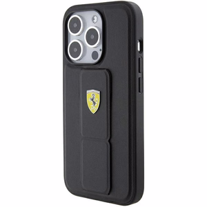 Ferrari Grip Stand Metal Logo apvalks iPhone 15 Pro Max – melns