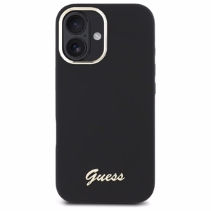 Guess silikona Script Metal logo & rāmja futrālis iPhone 16 - Melns