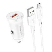 Borofone Automašīnas lādētājs BZ18 - USB - QC 3.0 18W ar USB uz Micro USB kabeli balts