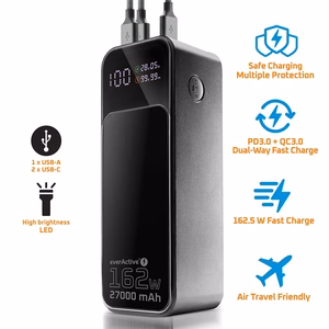 Powerbank 27 000mAh, 1x USB, 2x USB-C, 162,5W, QC4+, flashlight, LCD screen, black