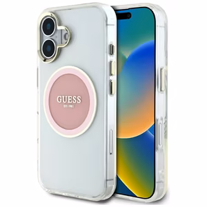 Guess IML Metal Colored Circle Classic Logo Magnētiskais viedtālruņa apvalks iPhone 16 - rozā