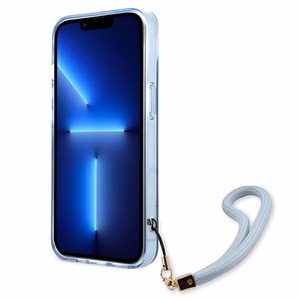 Guess GUHCP13MHTSGSB iPhone 13 6.1 viedtālruņa apvalks, zils, ciets, daļēji caurspīdīgs ar siksniņu