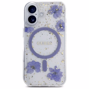 Guess Resin Flowers Glitter MagSafe iPhone 16 viedtālruņa apvalks (m) - violets