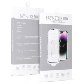 Temperēts stikls ar pilnu līmējumu (m), Easy-Stick kaste iPhone 15 Pro Max - melns