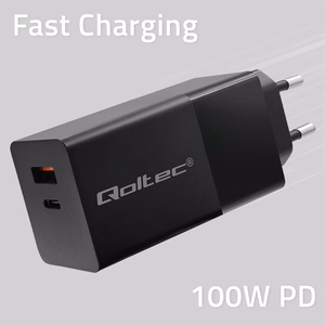 Qoltec 52382 GaN POWER PRO lādētājs | 1xUSB type C | 1xUSB A | 100W | 5-20V | 1.5-5A | PD | melns