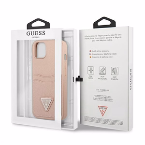 Guess GUHCP13MPSATPP iPhone 13 6.1 viedtālruņa apvalks, rozā, ciets, ar Saffiano trīsstūra logotipu un karšu nodalījumu