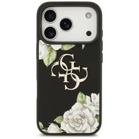 Guess Grained Roses & Big 4G Logo iPhone 17 Pro futrālis - melns