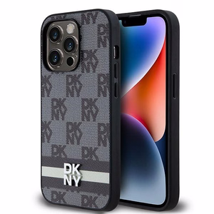 DKNY ādas rūtainais mono raksts un drukātas svītras viedtālruņa apvalks iPhone 14 Pro - melns