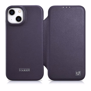 iCarer CE Premium ādas folio viedtālruņa apvalks iPhone 14 Plus magnētiskais atveramais ādas folio apvalks MagSafe tumši violeta