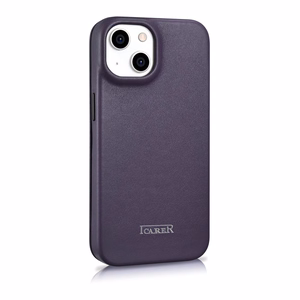 iCarer CE Premium ādas folio viedtālruņa apvalks iPhone 14 Plus magnētiskais atveramais ādas folio apvalks MagSafe tumši violeta