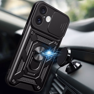 Hybrid Armor Camshield bruņots viedtālruņa apvalks iPhone 16 Plus ar kameras vāciņu un statīvu - melns