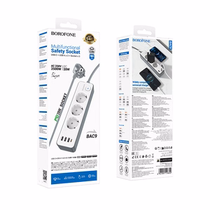 Borofone Barošanas sloksne BAC9 - 3 rozetes 240V + 3xUSB + C tips - PD 20W 2 metri melns