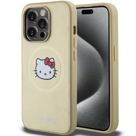 Hello Kitty ādas Kitty Head magnētiskais viedtālruņa apvalks iPhone 15 Pro Max - zelta