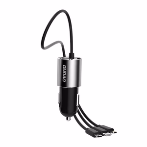 Dudao 3in1 USB automobiļu lādētājs ar iebūvētu kabeli Lightning / USB Type C / micro USB - melns (m)