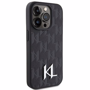 Karl Lagerfeld ādas monogramma karsts zīmogs metāla logotips viedtālruņa apvalks iPhone 15 Pro - melns