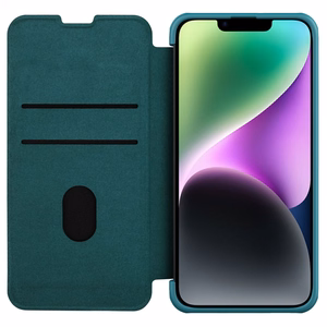 Nillkin Qin ādas apvalks iPhone 14 Plus ar kameras vāciņu un maciņu zaļš